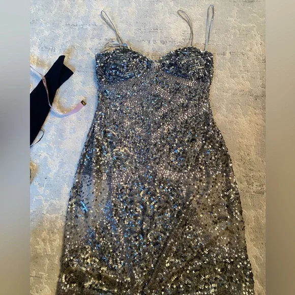 knee length dresses for ladies Aidan Mattox Light Gold Beaded Sequin Crew Neck Short Sleeve Dress